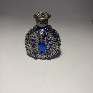 Vintage 1950s Blue Czech Glass Jeweled Miniature Perfume Bottle Silver Filigree